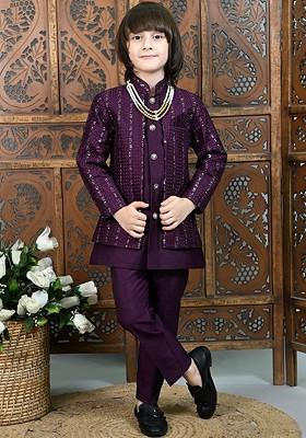 Burgundy Solid Blended Kurta Set For Boys