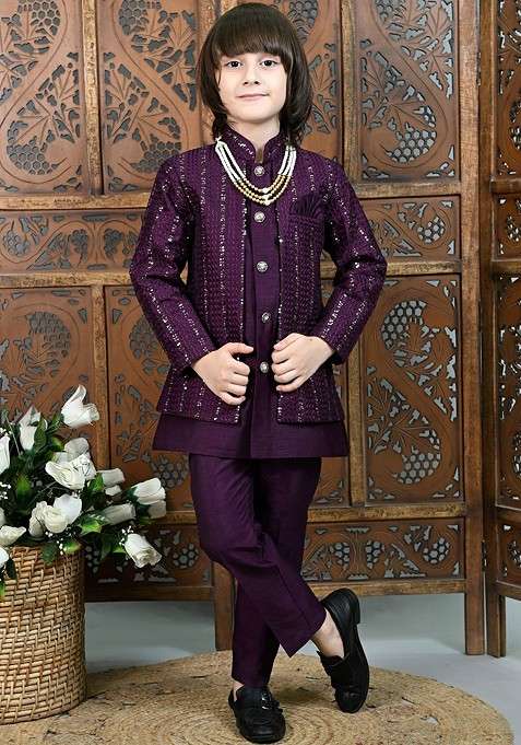 Burgundy Solid Blended Kurta Set For Boys