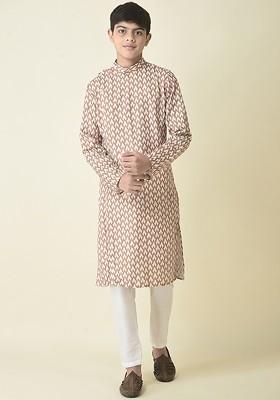 Mustard Printed Cotton Kurta Set For Boys