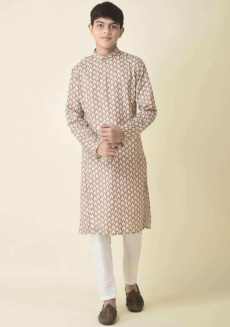 Mustard Printed Cotton Kurta Set For Boys - Indya