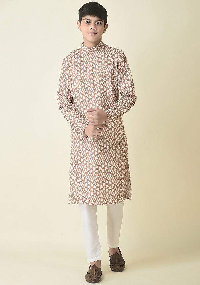 Mustard Printed Cotton Kurta Set For Boys - Indya