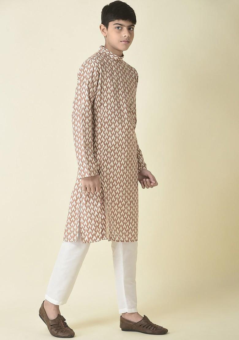 Mustard Printed Cotton Kurta Set For Boys - Indya