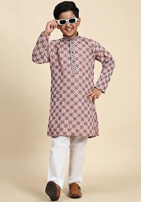 Peach Thread Work Cotton Kurta Set For Boys
