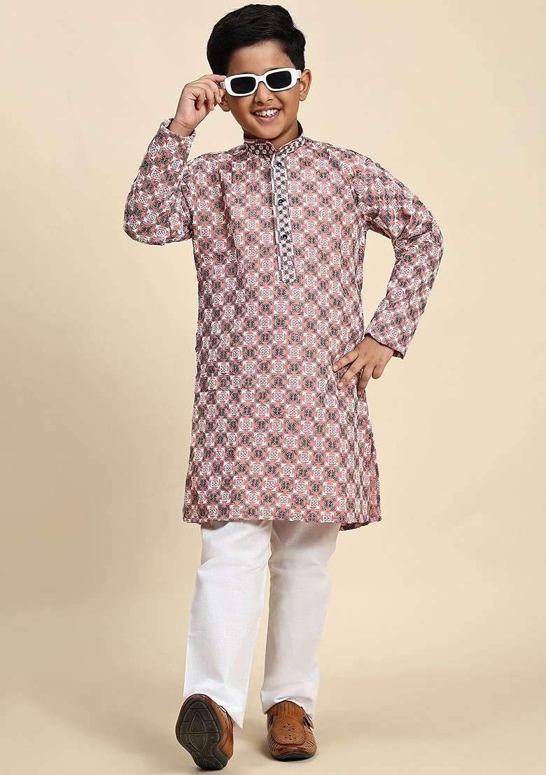 Peach Thread Work Cotton Kurta Set For Boys - Indya