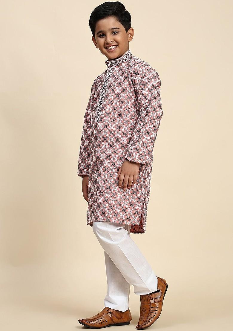 Peach Thread Work Cotton Kurta Set For Boys - Indya