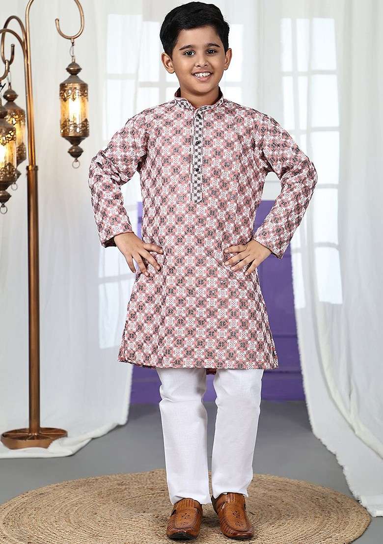 Peach Thread Work Cotton Kurta Set For Boys - Indya