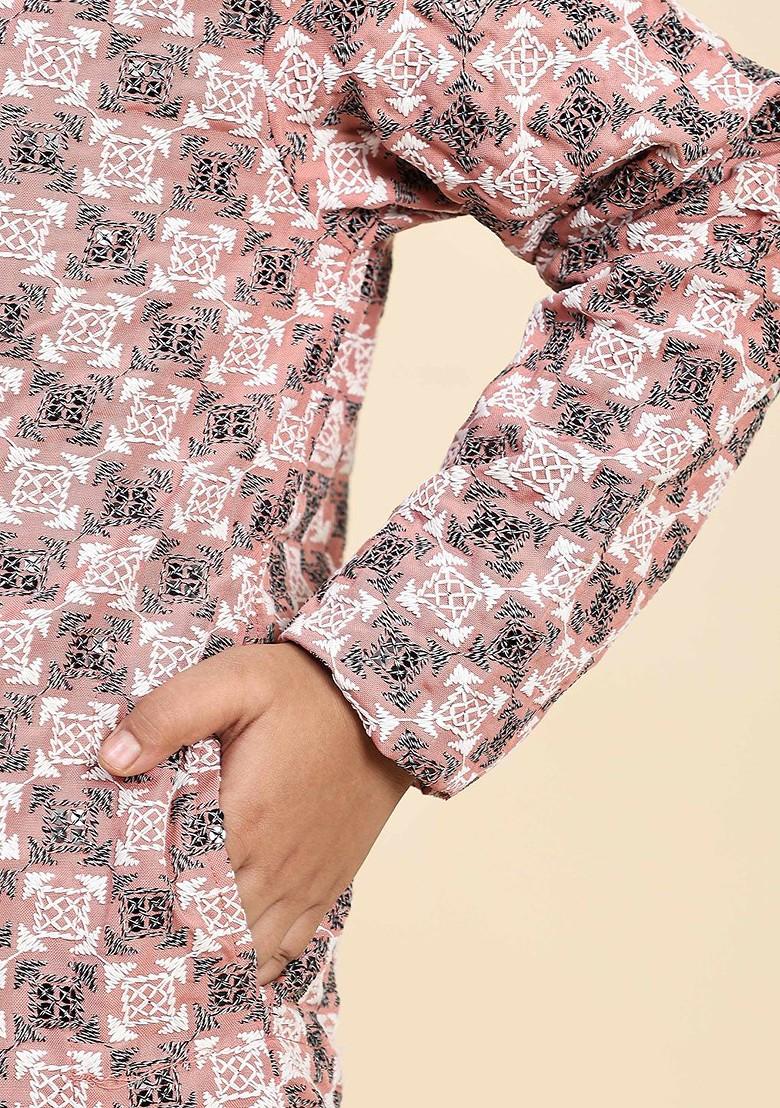 Peach Thread Work Cotton Kurta Set For Boys - Indya