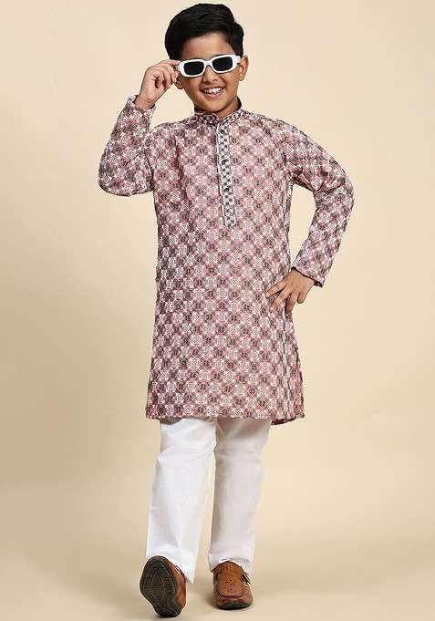 Peach Thread Work Cotton Kurta Set For Boys