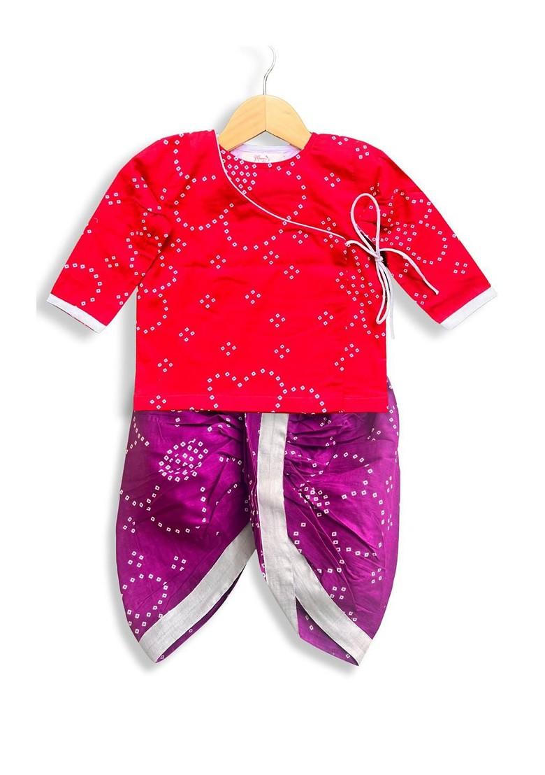 Red Printed Blended Kurta Dhoti Set For Boys - Indya