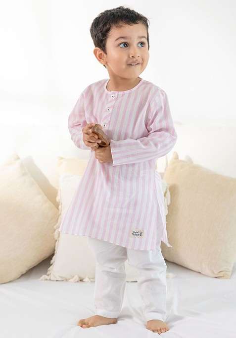 Pink Striped Cotton Kurta Set For Boys