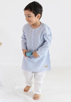 Blue Striped Cotton Kurta Set For Boys