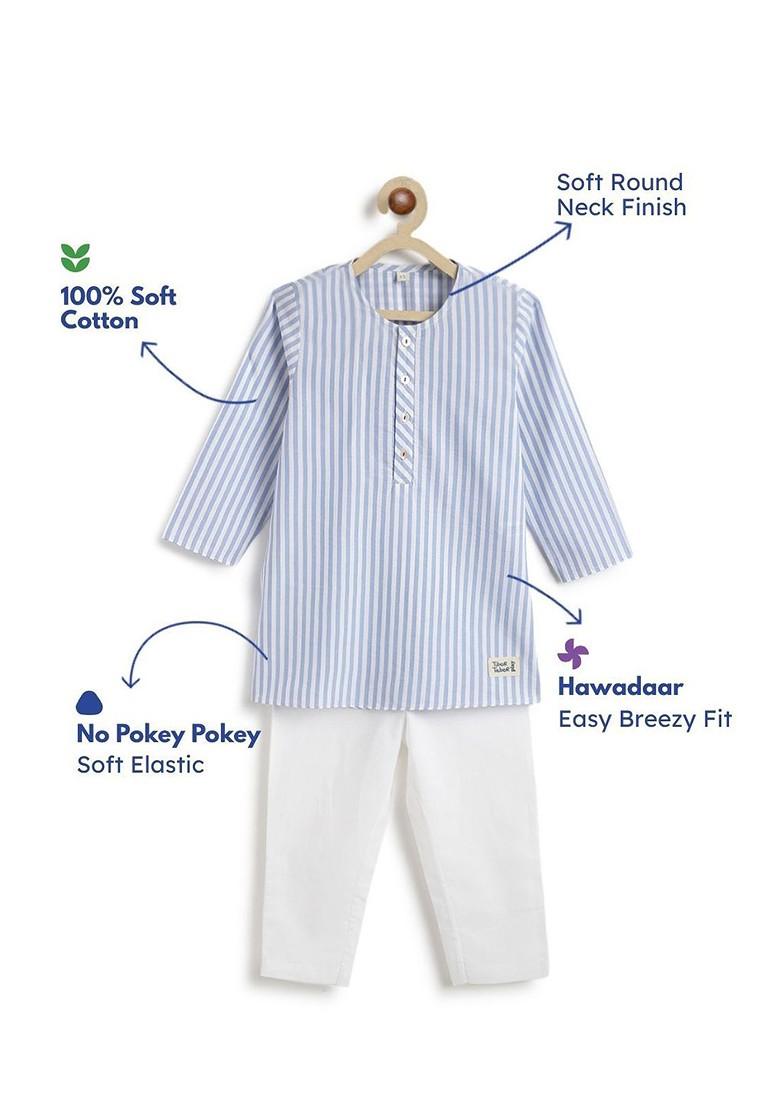Blue Striped Cotton Kurta Set For Boys - Indya