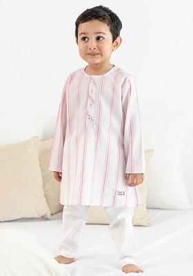 Pink Striped Cotton Kurta Set For Boys