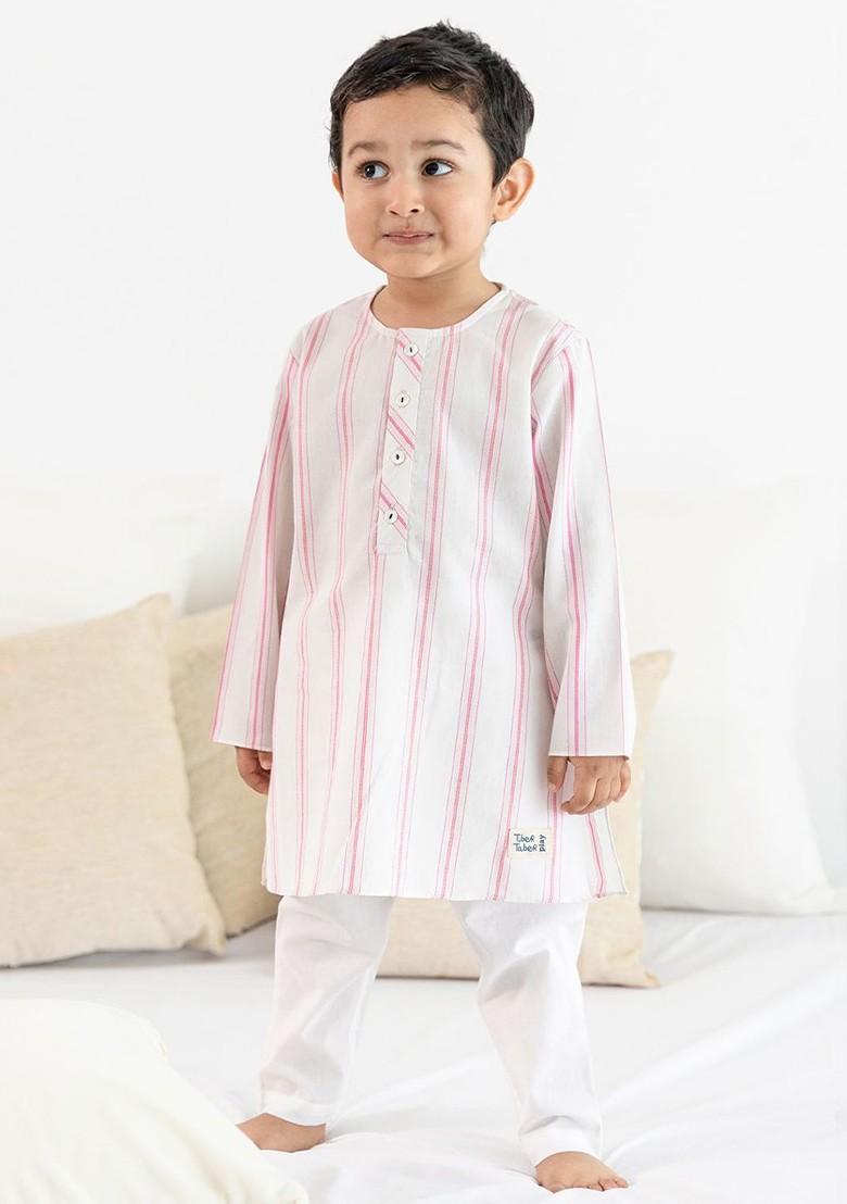 Pink Striped Cotton Kurta Set For Boys - Indya