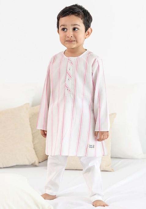 Pink Striped Cotton Kurta Set For Boys — view on Indya