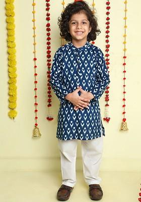 Navy Blue Printed Cotton Kurta Set For Boys