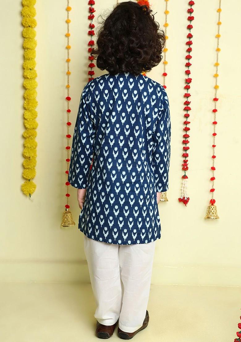 Navy Blue Printed Cotton Kurta Set For Boys - Indya