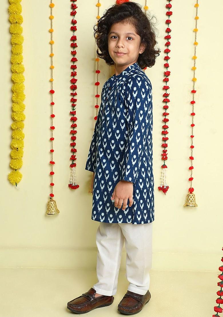 Navy Blue Printed Cotton Kurta Set For Boys - Indya