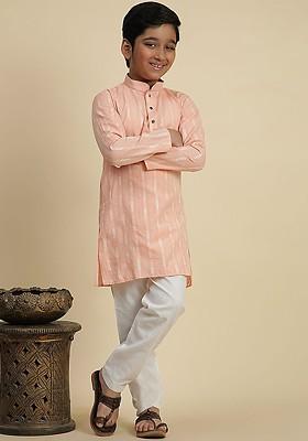 Peach Woven Design Cotton Kurta Set For Boys
