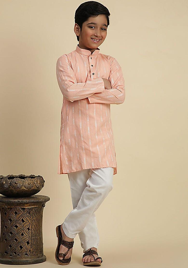 Peach Woven Design Cotton Kurta Set For Boys - Indya