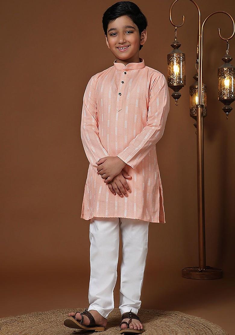 Peach Woven Design Cotton Kurta Set For Boys - Indya