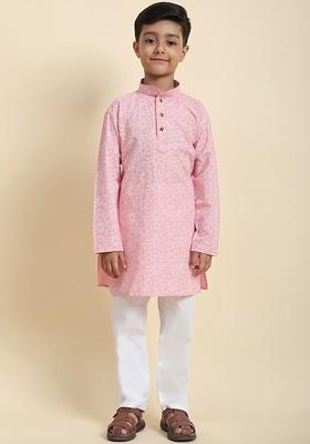 Pink Printed Cotton Kurta Set For Boys