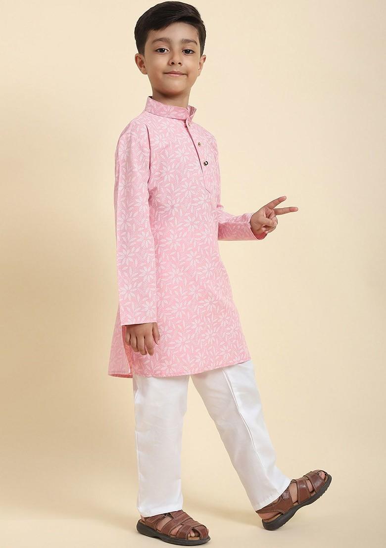 Pink Printed Cotton Kurta Set For Boys - Indya
