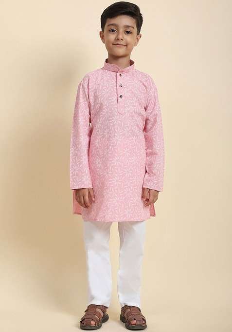Pink Printed Cotton Kurta Set For Boys