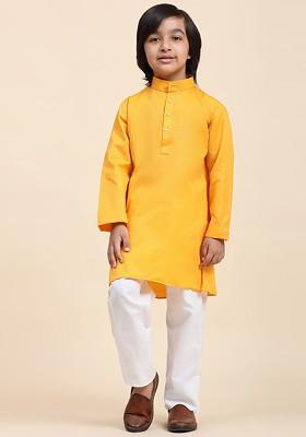 Yellow Embroidered Cotton Kurta Set For Boys