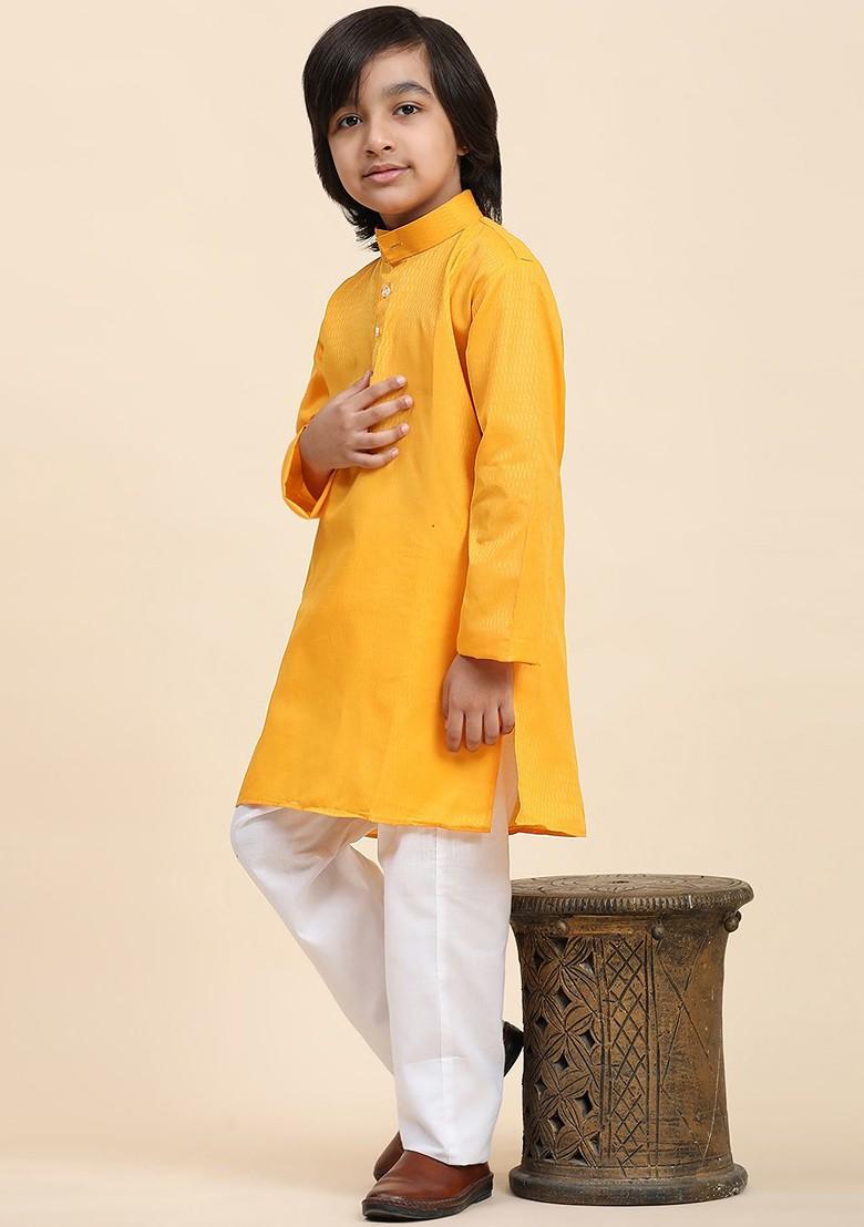 Yellow Embroidered Cotton Kurta Set For Boys - Indya