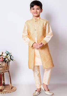 Beige Embroidered Silk Kurta Set For Boys