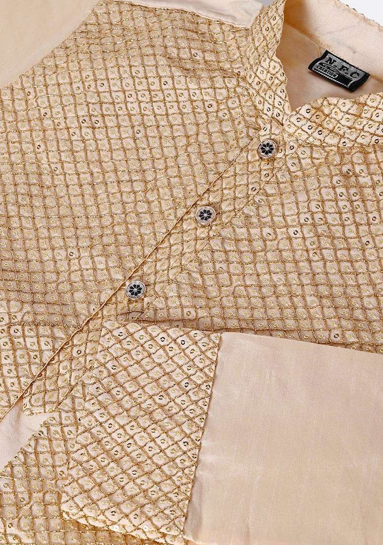Beige Embroidered Silk Kurta Set For Boys - Indya