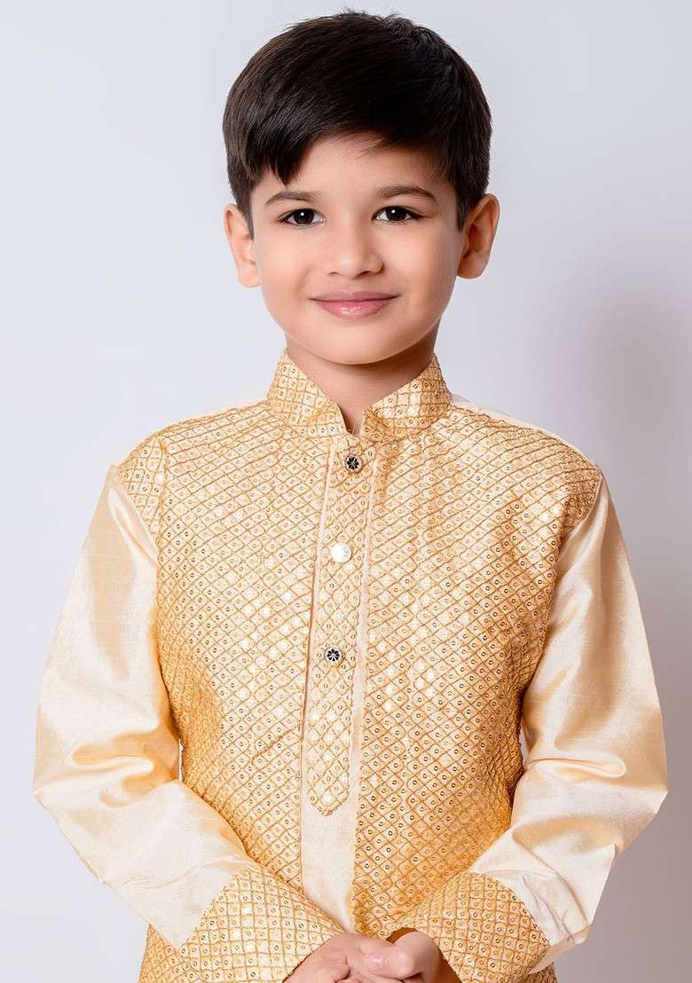 Beige Embroidered Silk Kurta Set For Boys - Indya