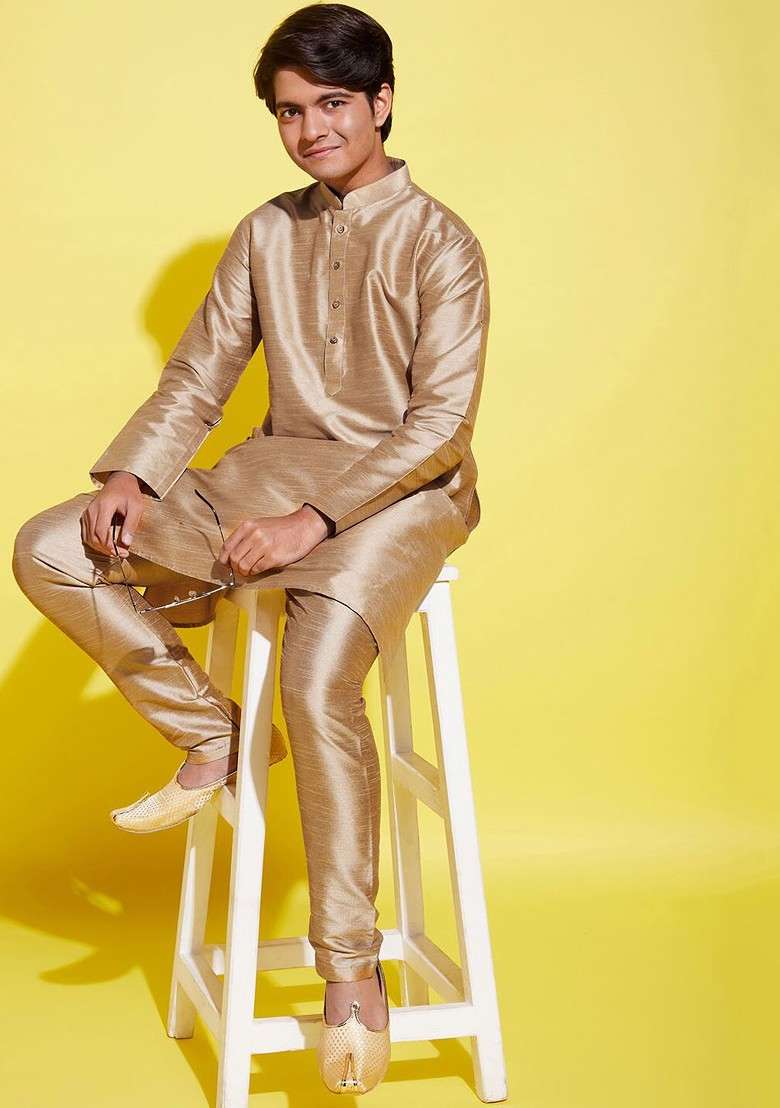 Rose Gold Embroidered Blended Kurta Set For Boys - Indya