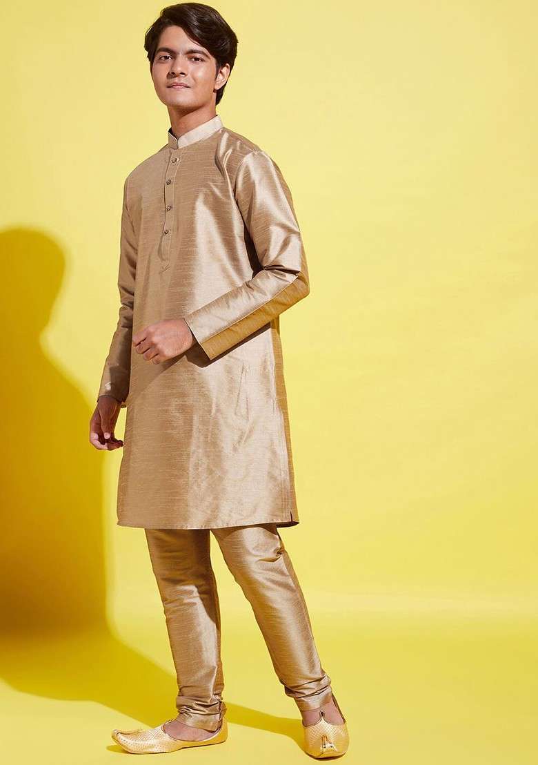 Rose Gold Embroidered Blended Kurta Set For Boys - Indya