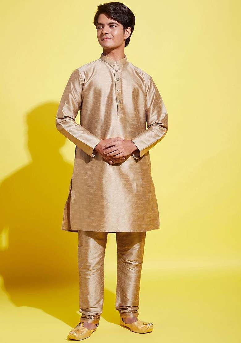 Rose Gold Embroidered Blended Kurta Set For Boys - Indya
