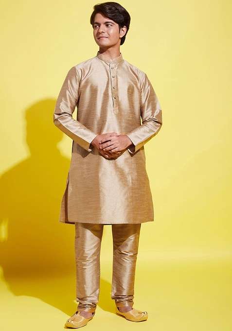 Rose Gold Embroidered Blended Kurta Set For Boys