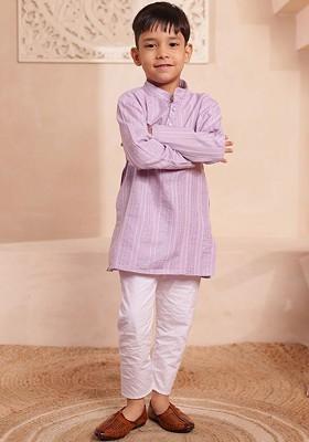 Purple Printed Cotton Kurta Set For Boys