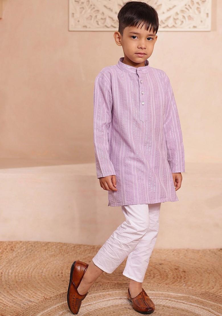 Purple Printed Cotton Kurta Set For Boys - Indya