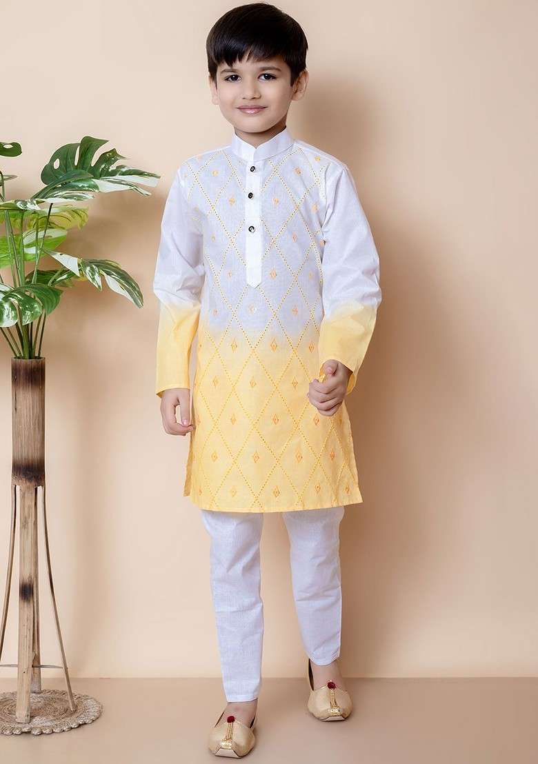 Yellow Embroidered Cotton Kurta Set For Boys - Indya