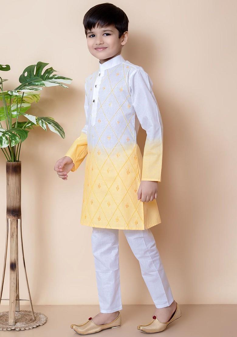 Yellow Embroidered Cotton Kurta Set For Boys - Indya