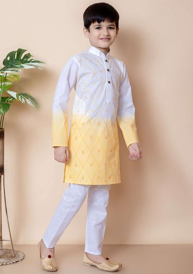 Yellow Embroidered Cotton Kurta Set For Boys - Indya