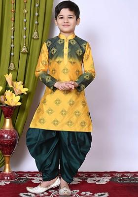 Yellow Printed Silk Kurta Set For Boys