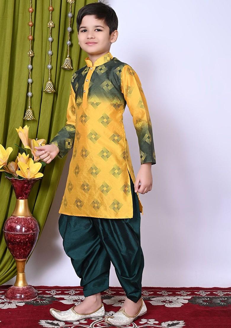 Yellow Printed Silk Kurta Set For Boys - Indya