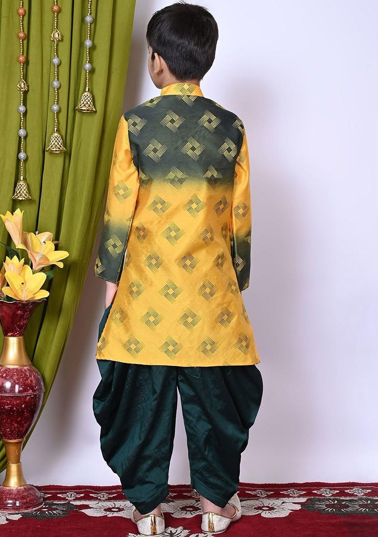 Yellow Printed Silk Kurta Set For Boys - Indya