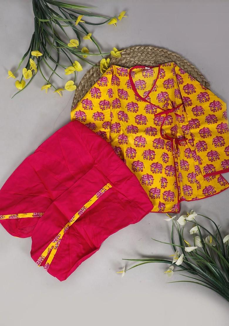 Yellow Printed Blended Kurta Dhoti Set For Boys - Indya