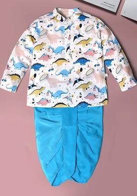 Blue Printed Blended Kurta Dhoti Set For Boys