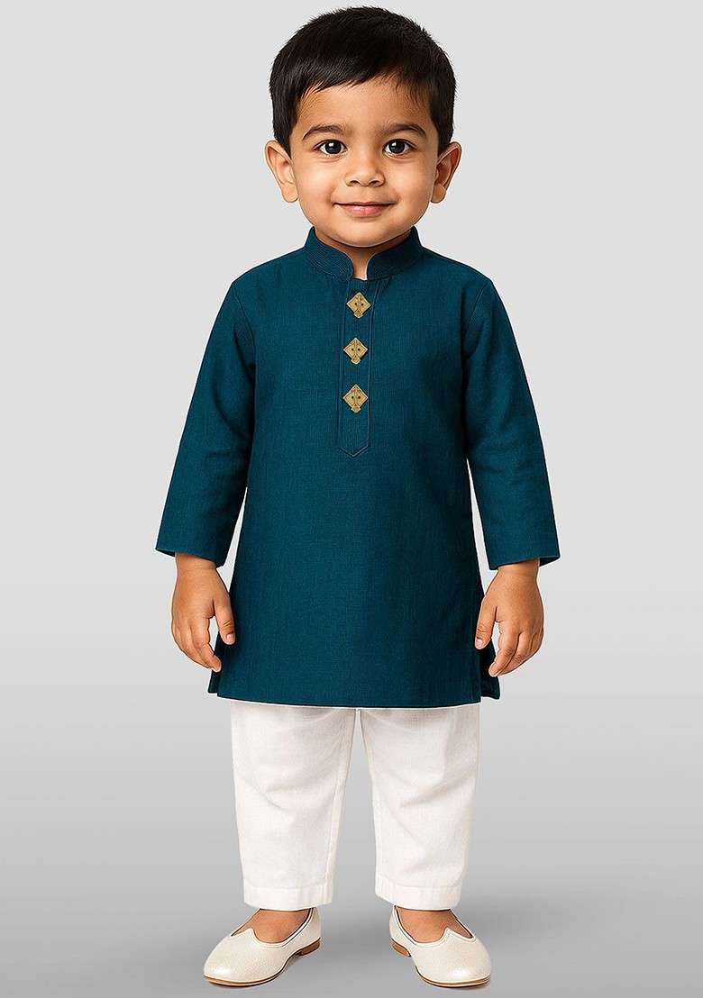 Blue Self Design Cotton Kurta Set For Boys - Indya