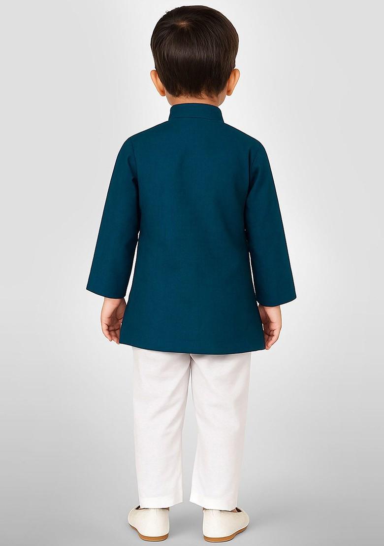 Blue Self Design Cotton Kurta Set For Boys - Indya
