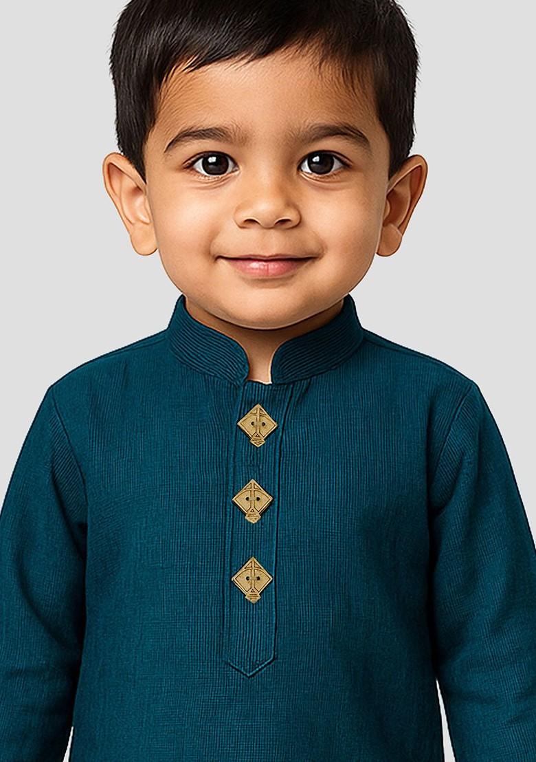 Blue Self Design Cotton Kurta Set For Boys - Indya